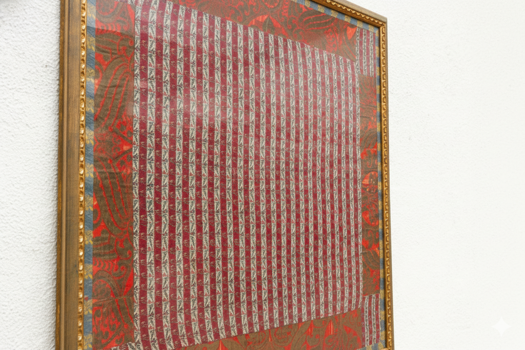 Framed Antique Silk Red & Gold Woven Wall Art