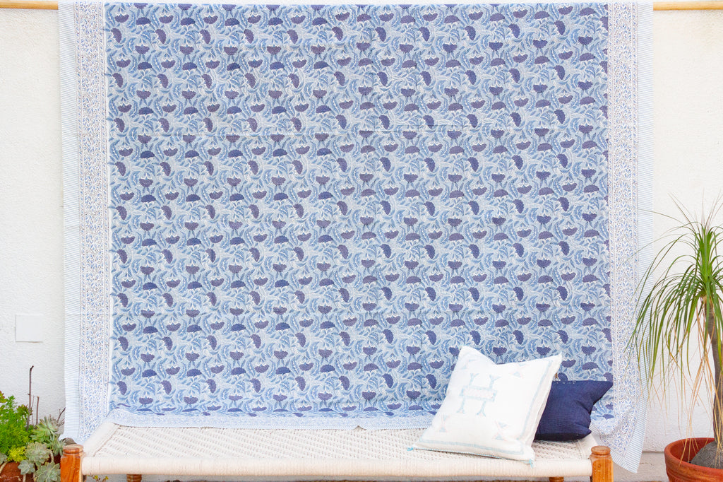 Indigo Lotus, Hand Blockprint Cotton Coverlet