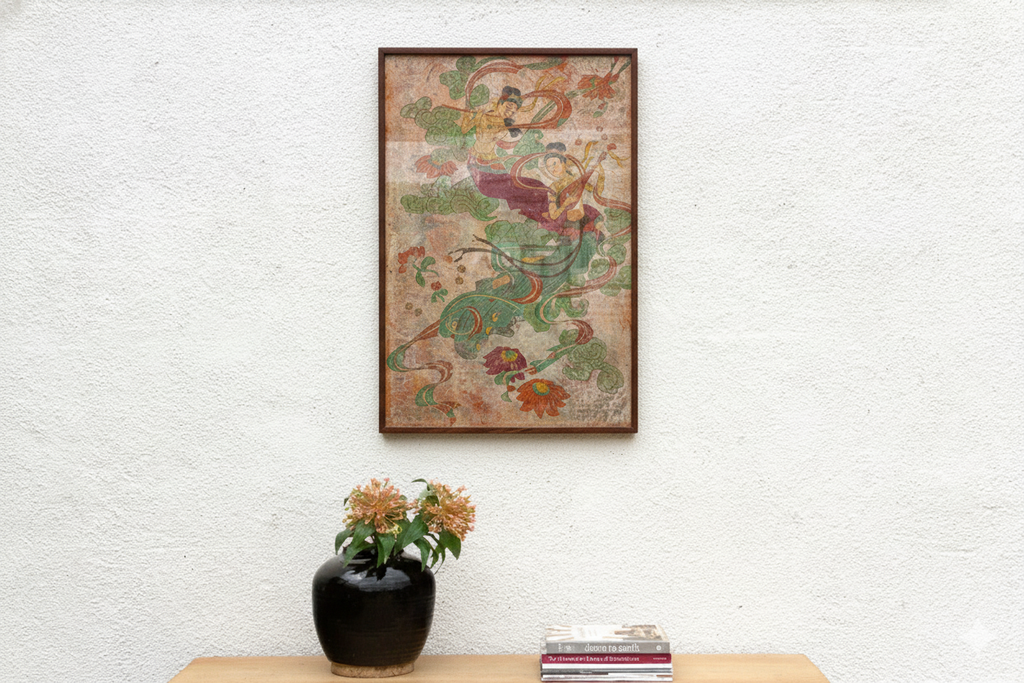 Framed Fresco Style Chinese Mural Fragment Art