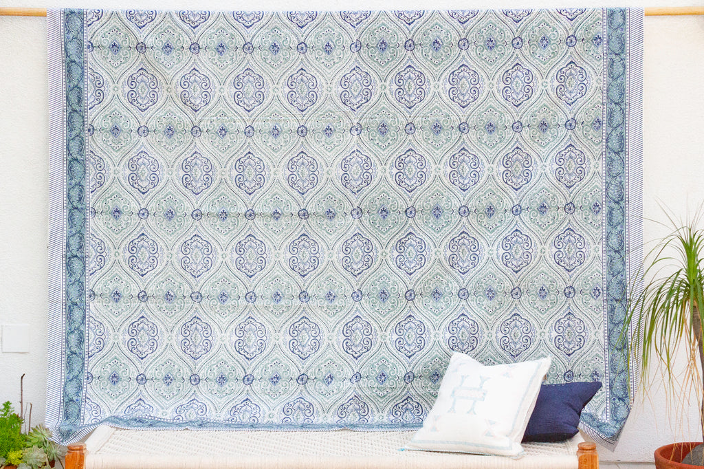 Palace Scroll, Hand Blockprint Cotton Coverlet