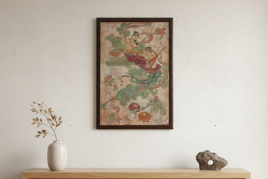 Framed Fresco Style Chinese Mural Fragment Art (Trade)