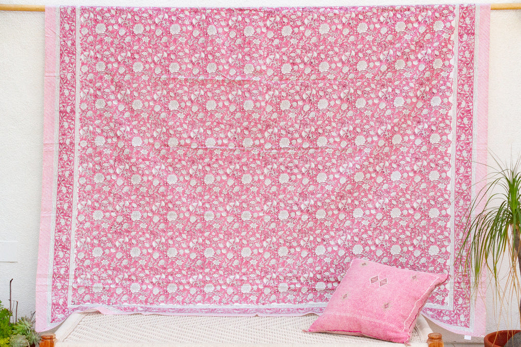 Rajastan Rose Garden, Hand Blockprint Cotton Coverlet