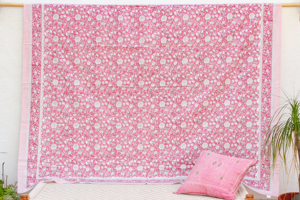 Rajastan Rose Garden, Hand Blockprint Cotton Coverlet