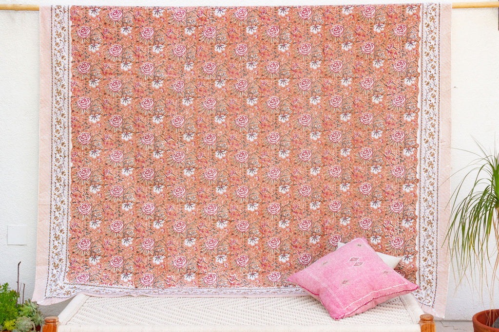 Spice Blossom, Hand Blockprint Cotton Coverlet