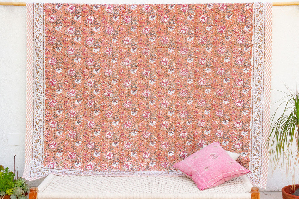 Spice Blossom, Hand Blockprint Cotton Coverlet