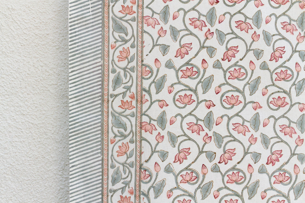 Lotus Blossom, Hand Blockprint Cotton Coverlet