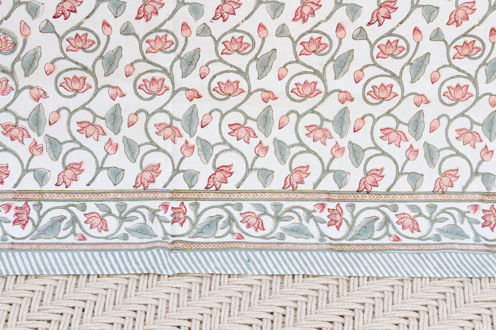 Lotus Blossom, Hand Blockprint Cotton Coverlet