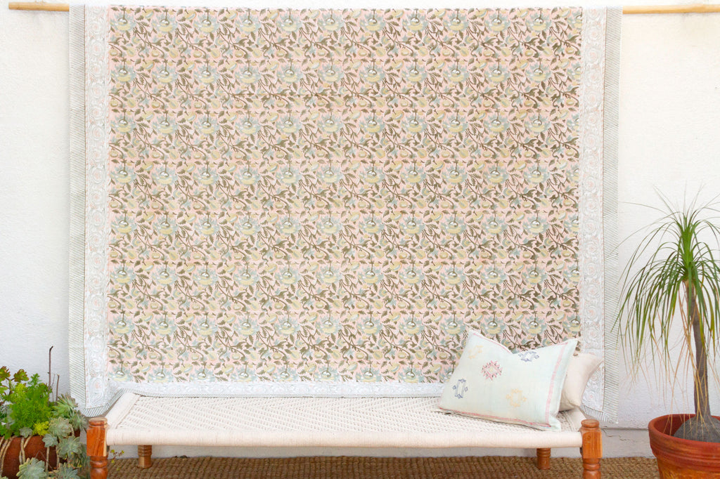 Desert Birdsong, Hand Blockprint Cotton Coverlet