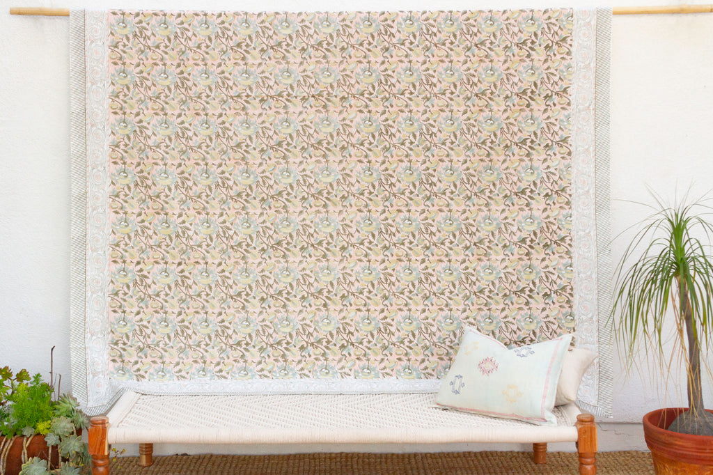 Desert Birdsong, Hand Blockprint Cotton Coverlet