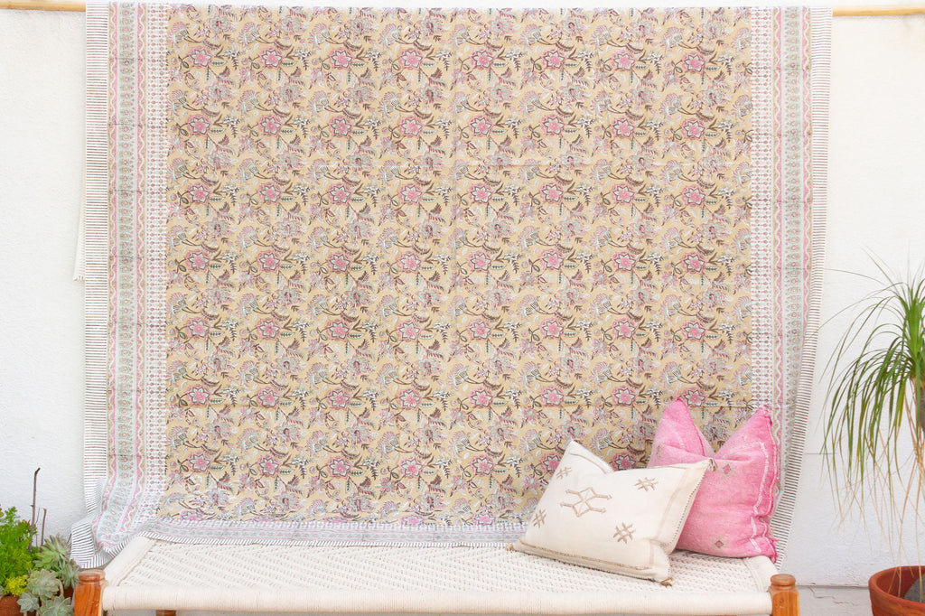 Amber Blossom, Hand Blockprint Cotton Coverlet