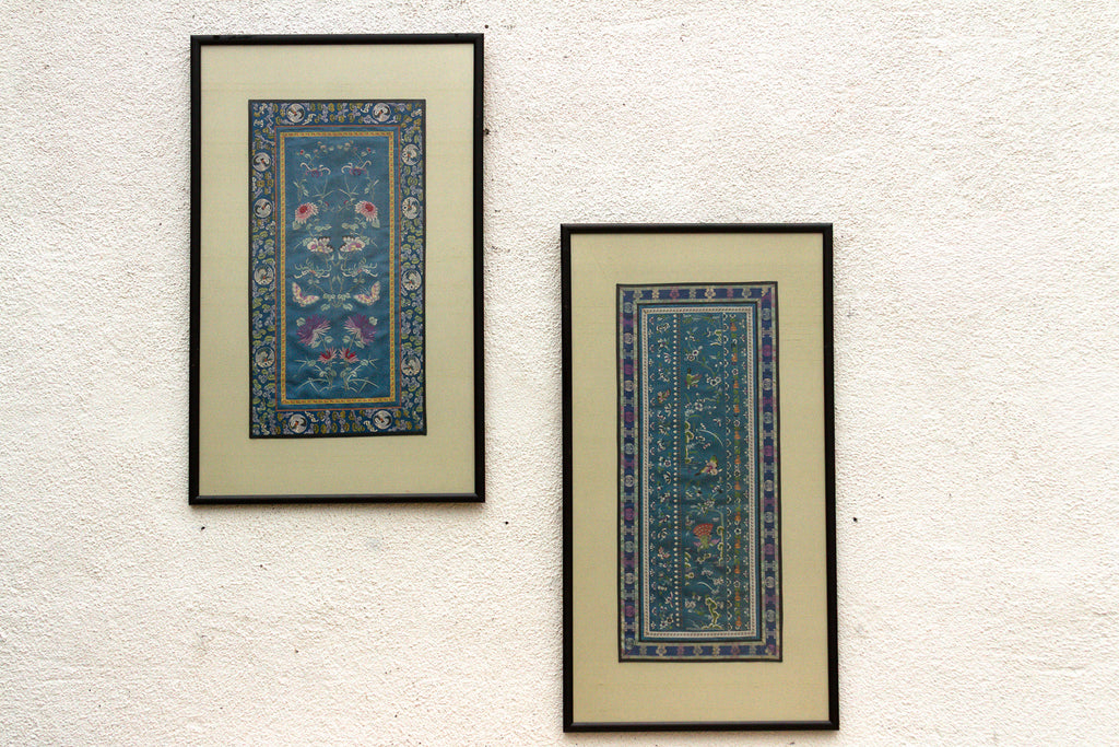 Pair of Qing Dynasty Teal Blue Silk Embroidered Panels