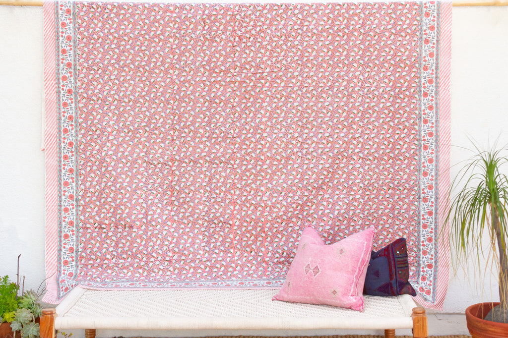 Coral Garden Bloom, Hand Blockprint Cotton Coverlet