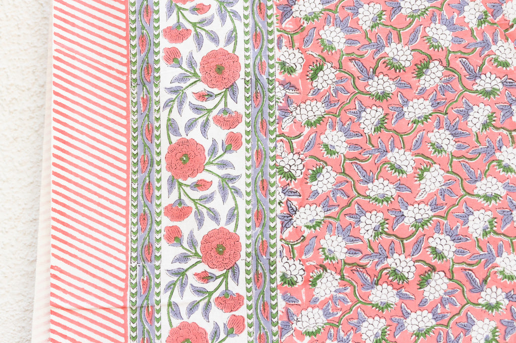 Coral Garden Bloom, Hand Blockprint Cotton Coverlet