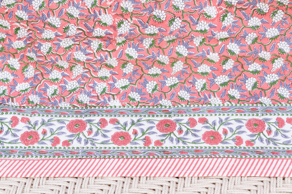 Coral Garden Bloom, Hand Blockprint Cotton Coverlet