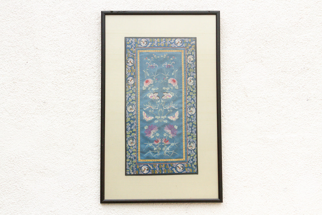 Pair of Qing Dynasty Teal Blue Silk Embroidered Panels