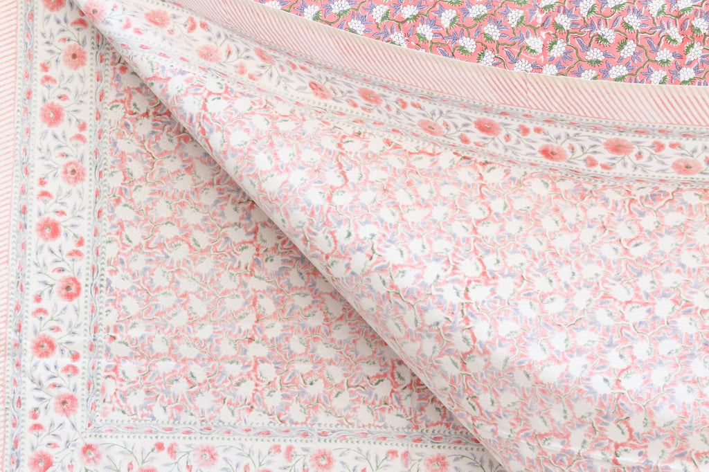 Coral Garden Bloom, Hand Blockprint Cotton Coverlet
