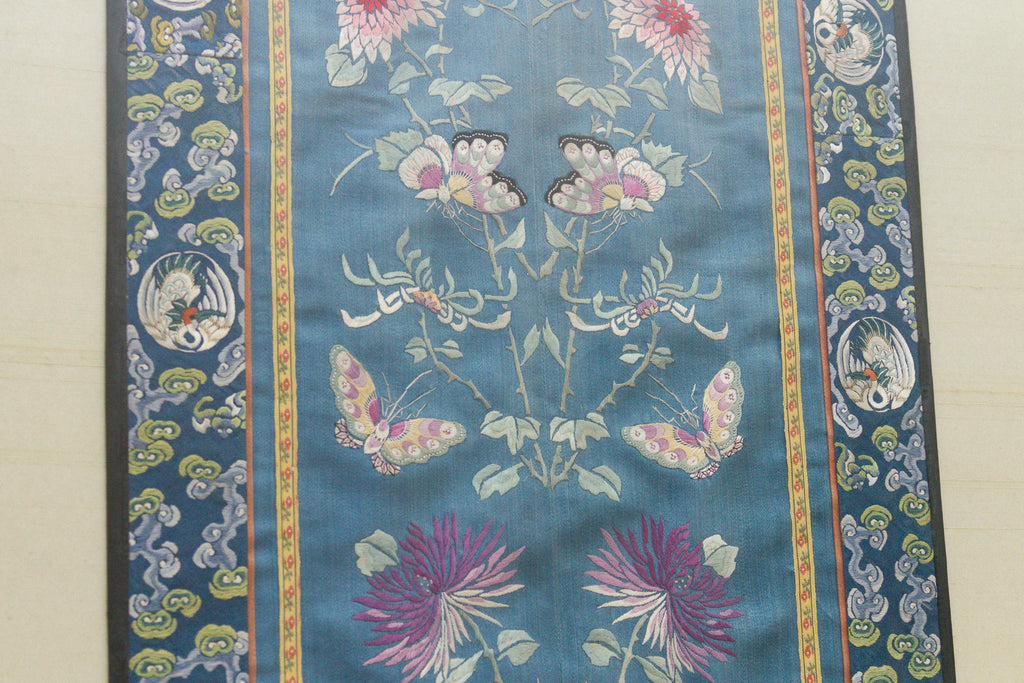 Pair of Qing Dynasty Teal Blue Silk Embroidered Panels