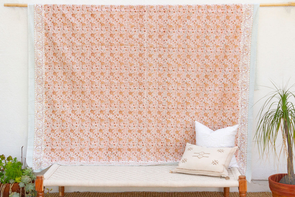 Peachy Floral, Hand Blockprint Cotton Coverlet