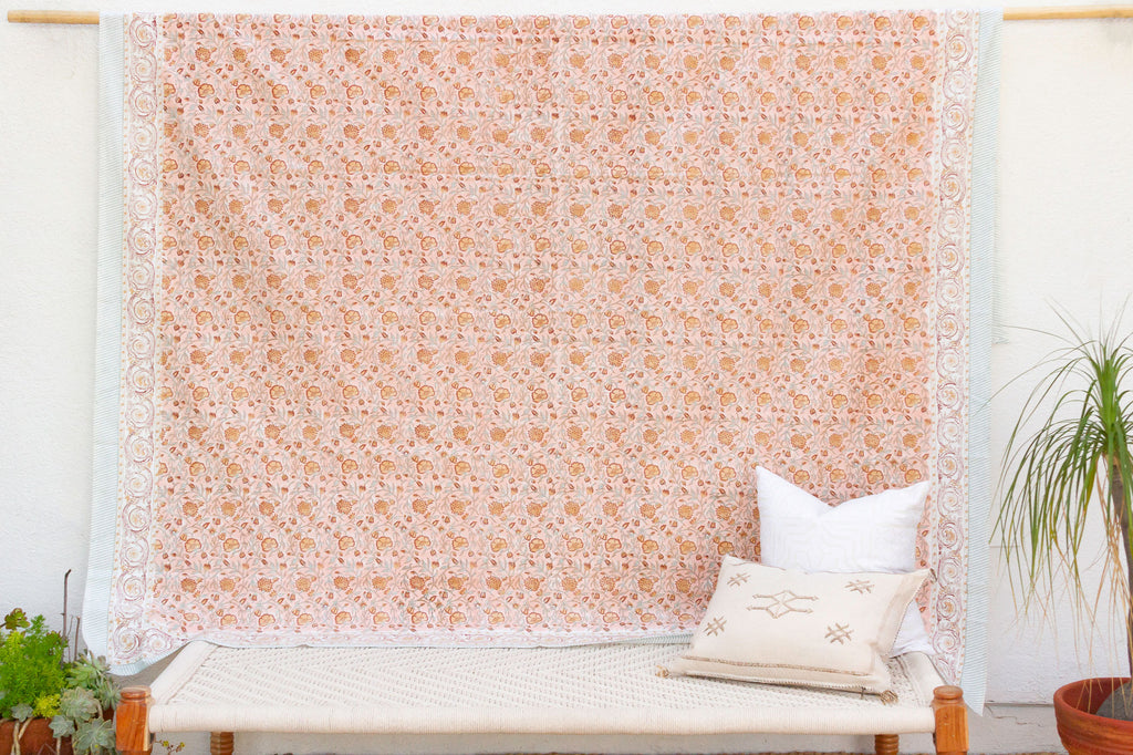 Peachy Floral, Hand Blockprint Cotton Coverlet