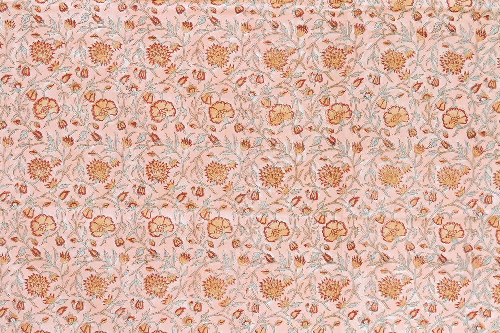 Peachy Floral, Hand Blockprint Cotton Coverlet
