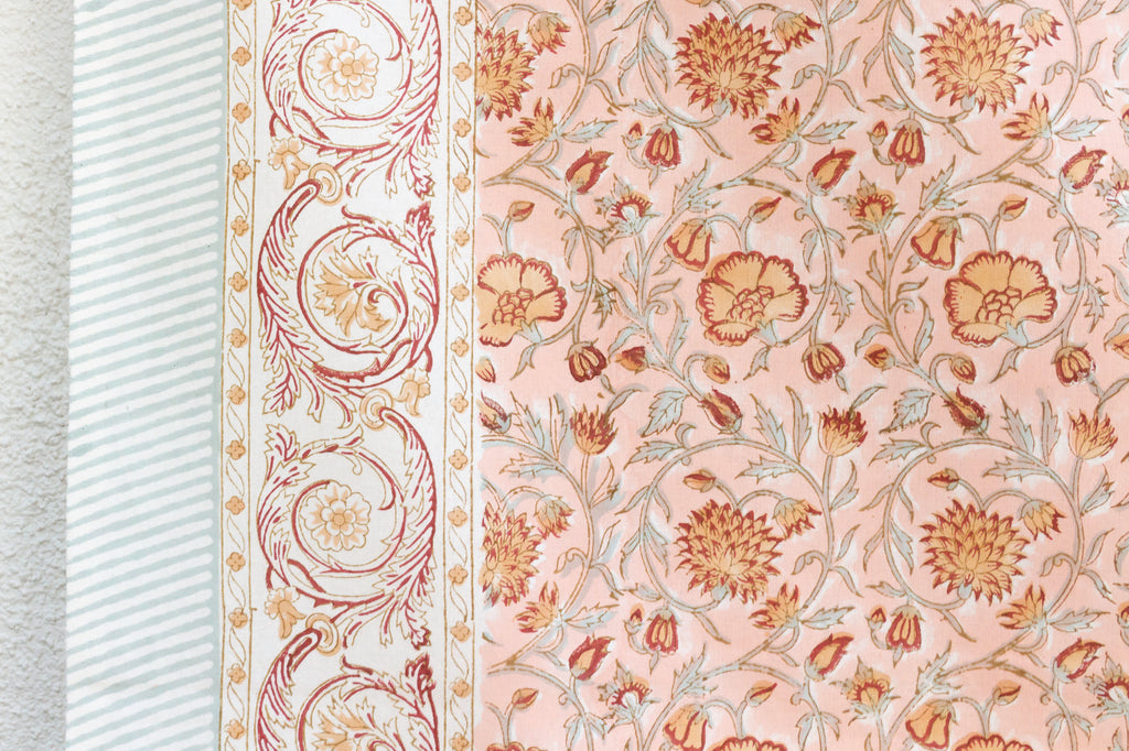 Peachy Floral, Hand Blockprint Cotton Coverlet