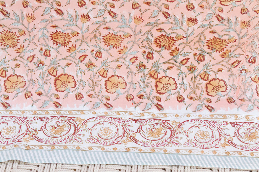 Peachy Floral, Hand Blockprint Cotton Coverlet