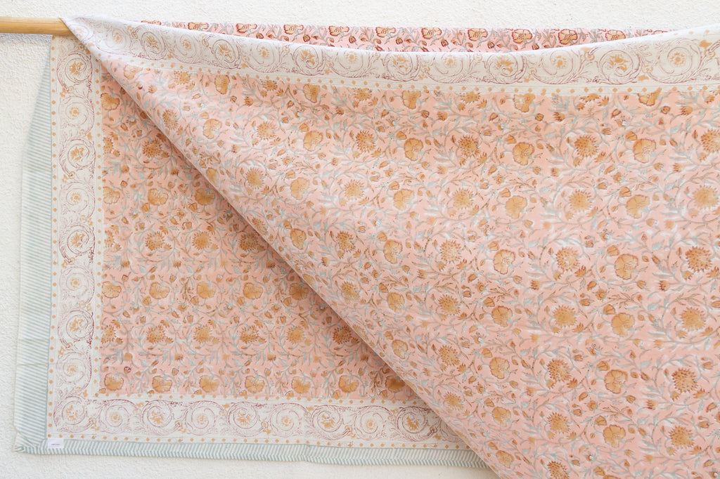 Peachy Floral, Hand Blockprint Cotton Coverlet