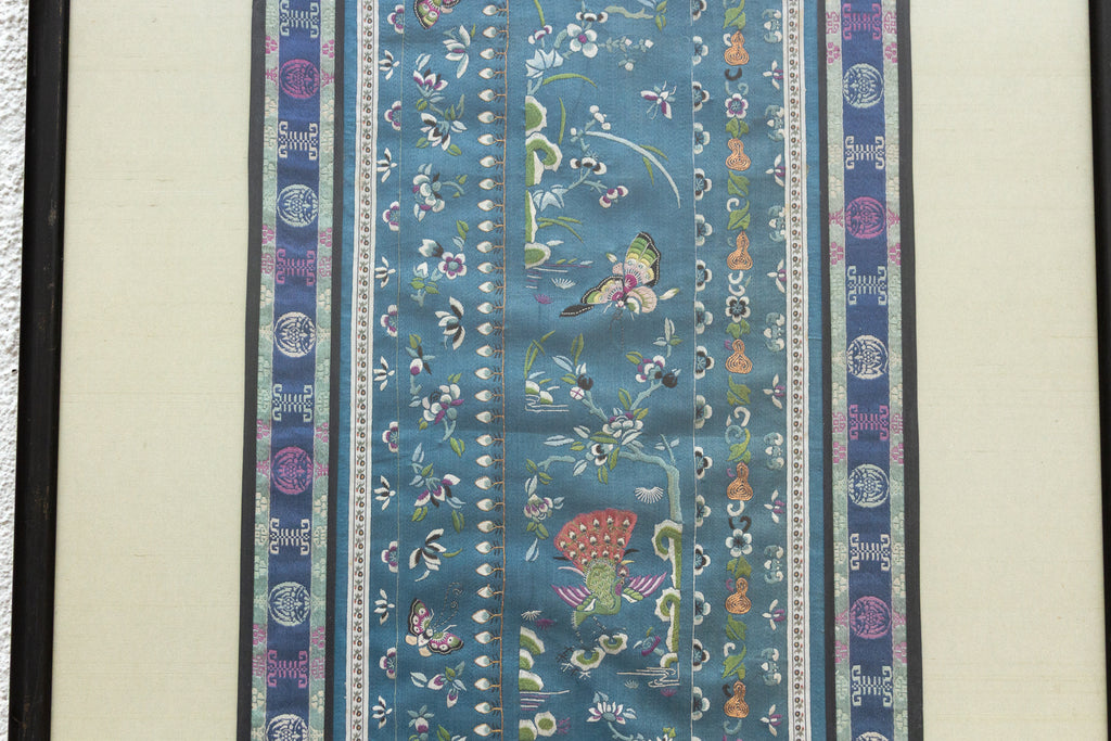 Pair of Qing Dynasty Teal Blue Silk Embroidered Panels