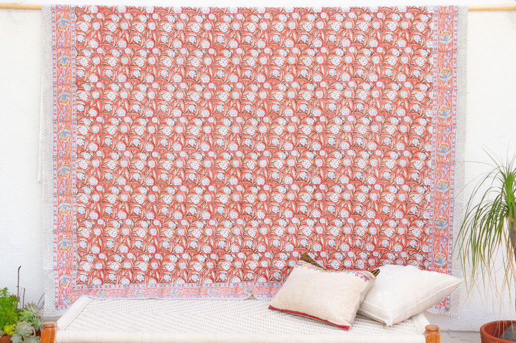 Sunset Bloom, Hand Blockprint Cotton Coverlet