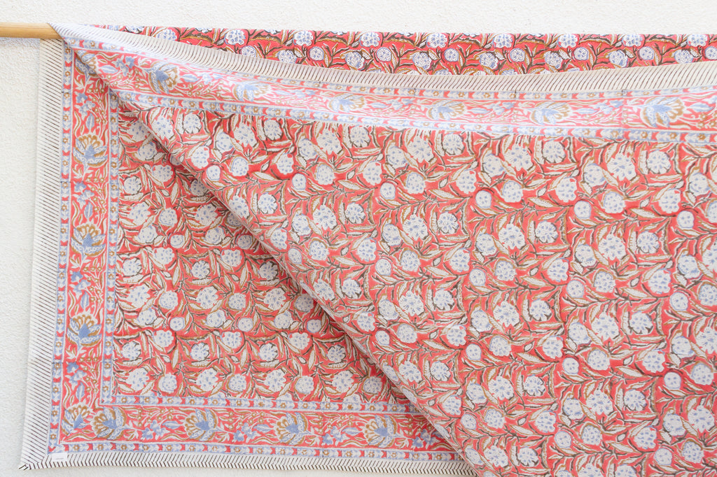 Sunset Bloom, Hand Blockprint Cotton Coverlet