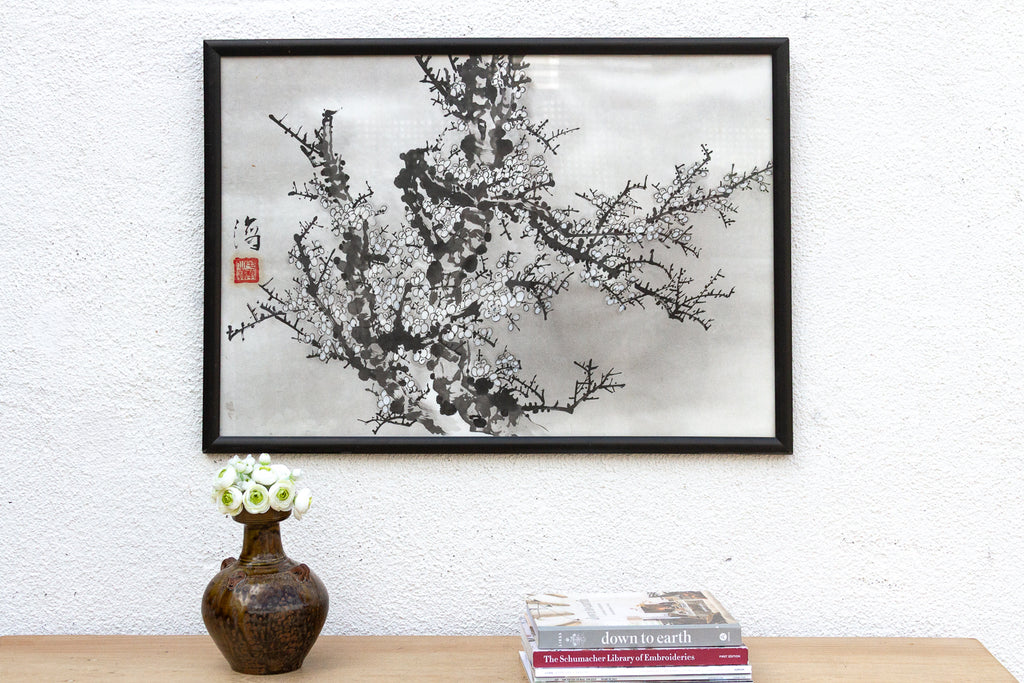 Framed Chinese Ink Wash Plum Blossom Painting
