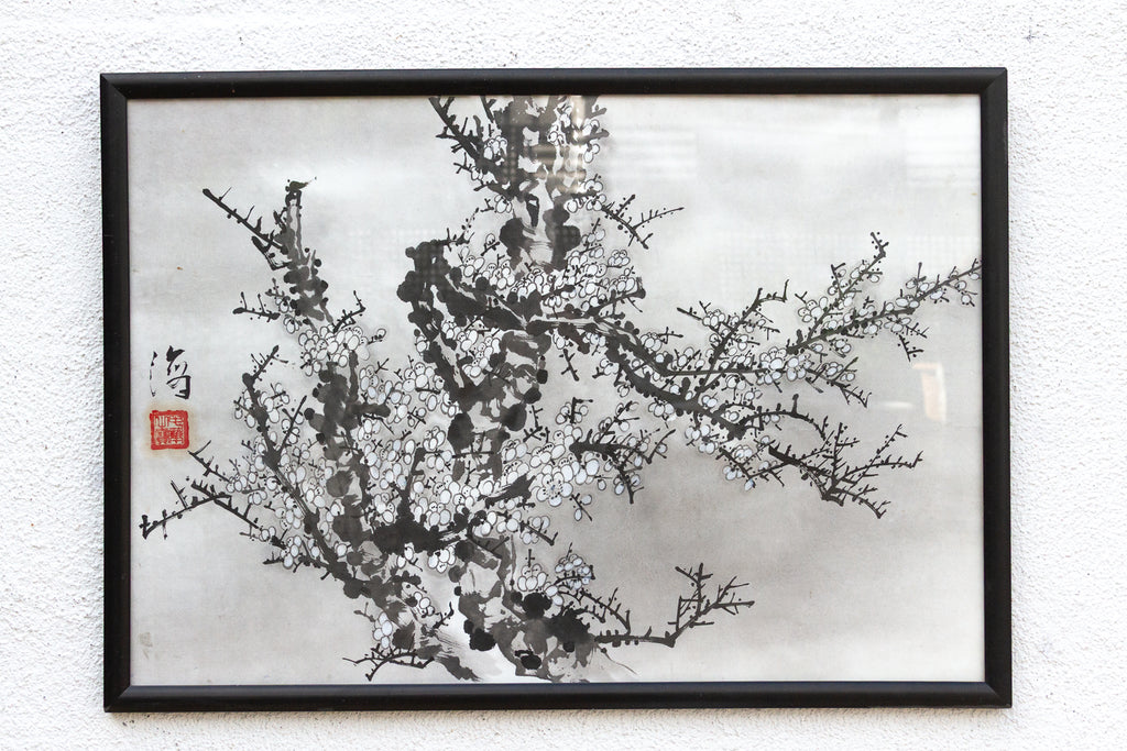 Framed Chinese Ink Wash Plum Blossom Painting