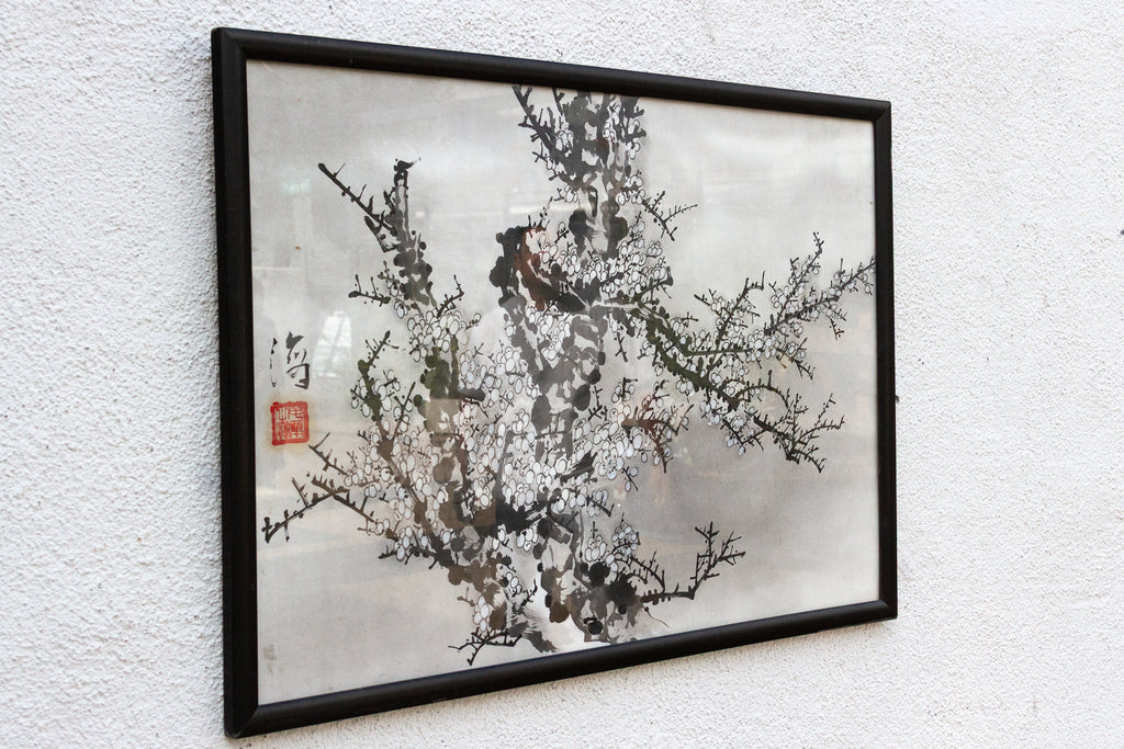 Framed Chinese Ink Wash Plum Blossom Painting