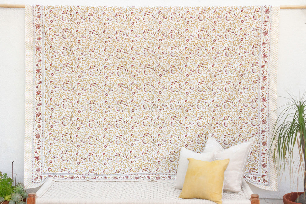 Golden Marigold, Hand Blockprint Cotton Coverlet