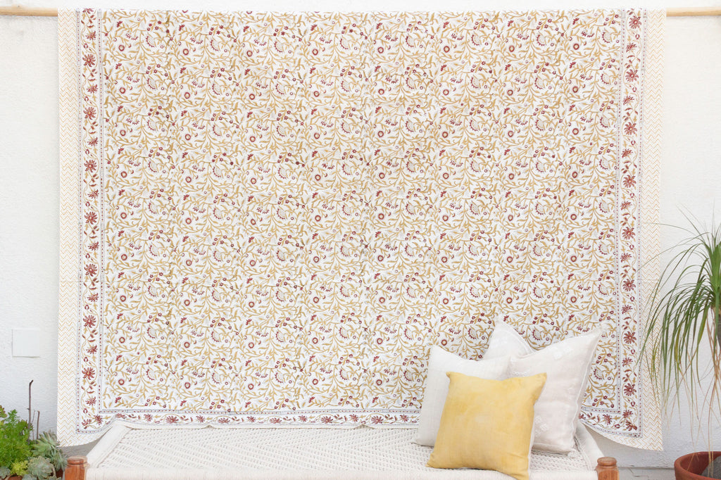 Golden Marigold, Hand Blockprint Cotton Coverlet