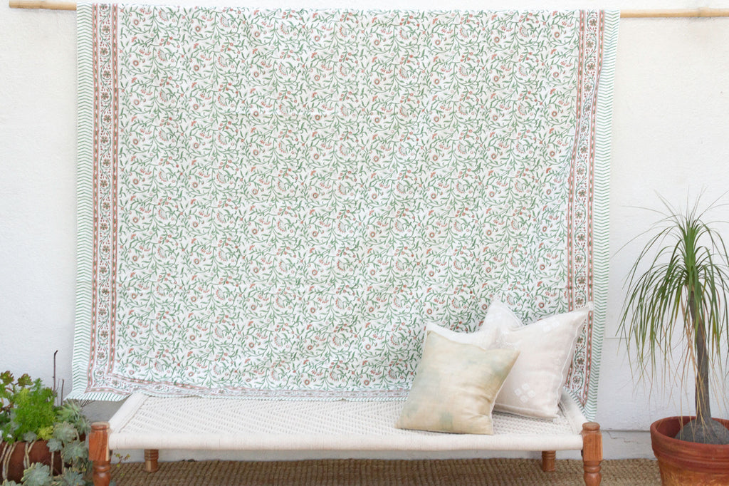 Verde Vine, Hand Blockprint Cotton Coverlet