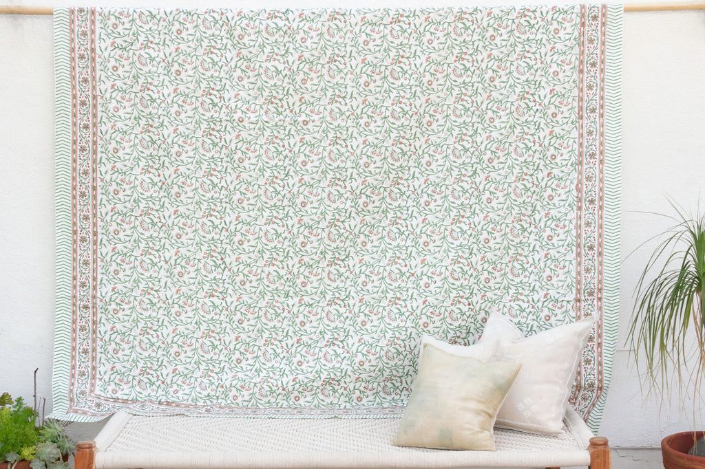 Verde Vine, Hand Blockprint Cotton Coverlet