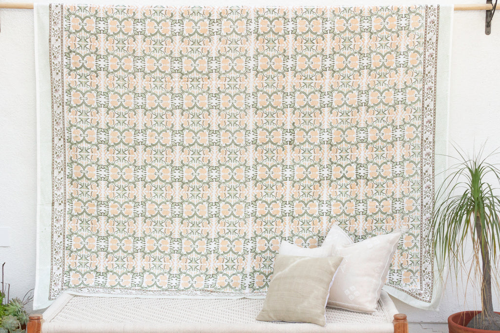 Palace Scroll, Hand Blockprint Cotton Coverlet II