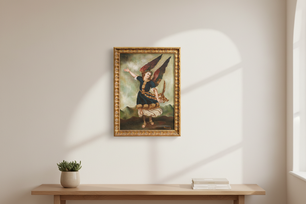 Framed Spanish Colonial Arcángel Arcabucero Oil Painting