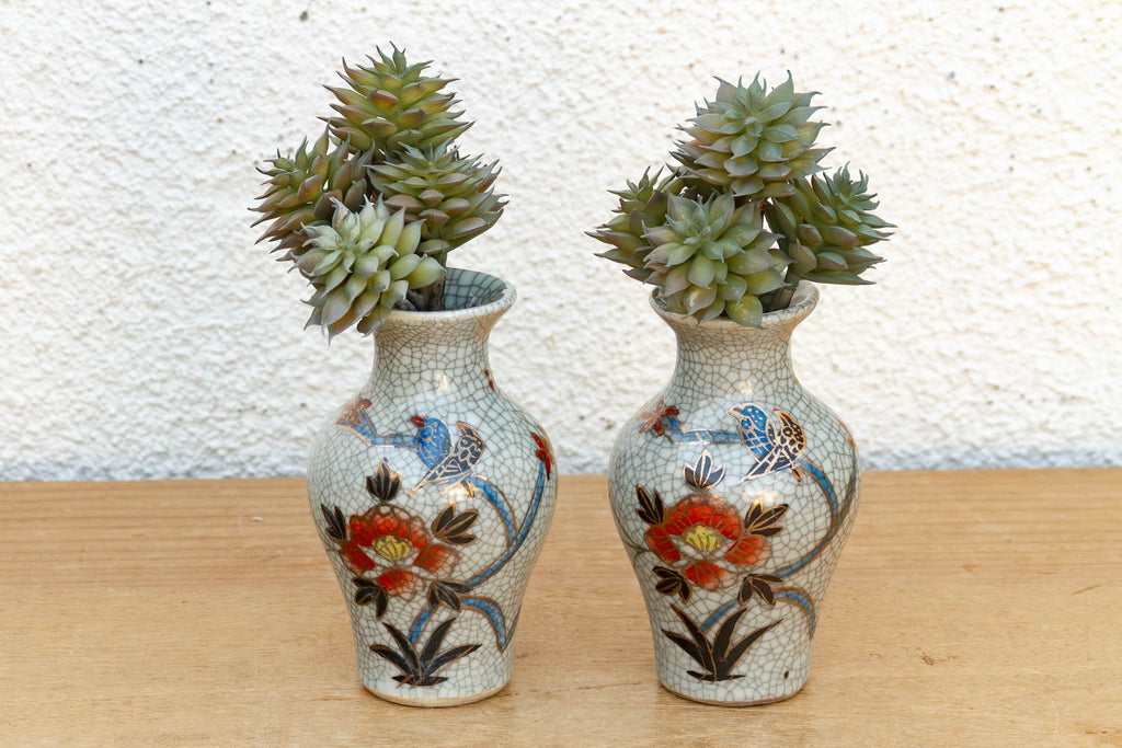 Pair of Miniature Floral Avian Crackle Glaze Jars