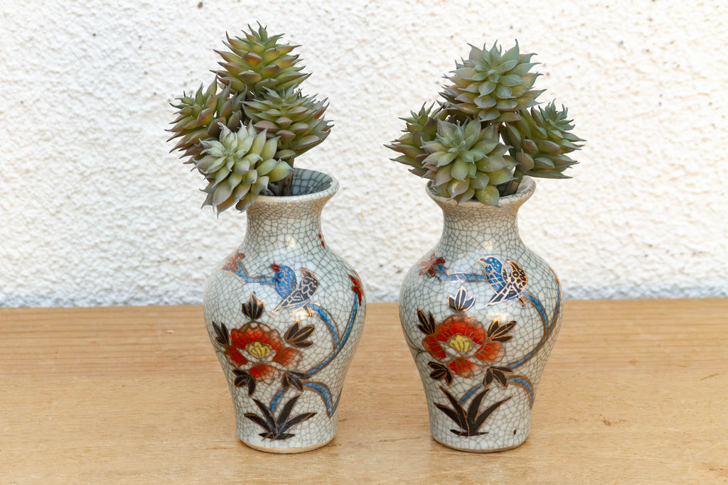 Pair of Miniature Floral Avian Crackle Glaze Jars