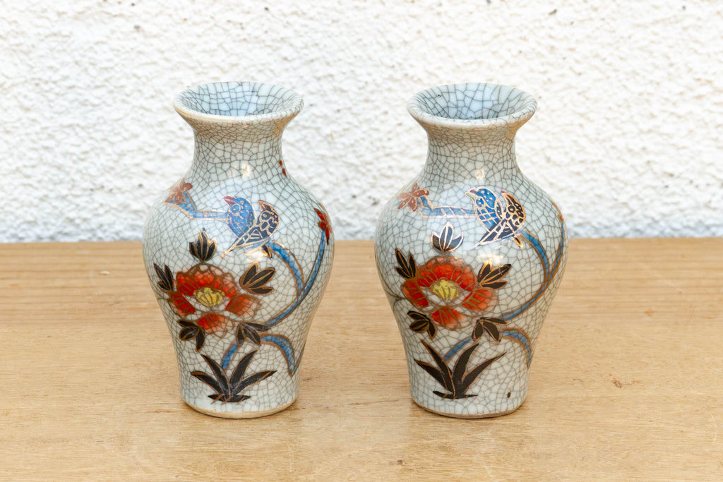 Pair of Miniature Floral Avian Crackle Glaze Jars