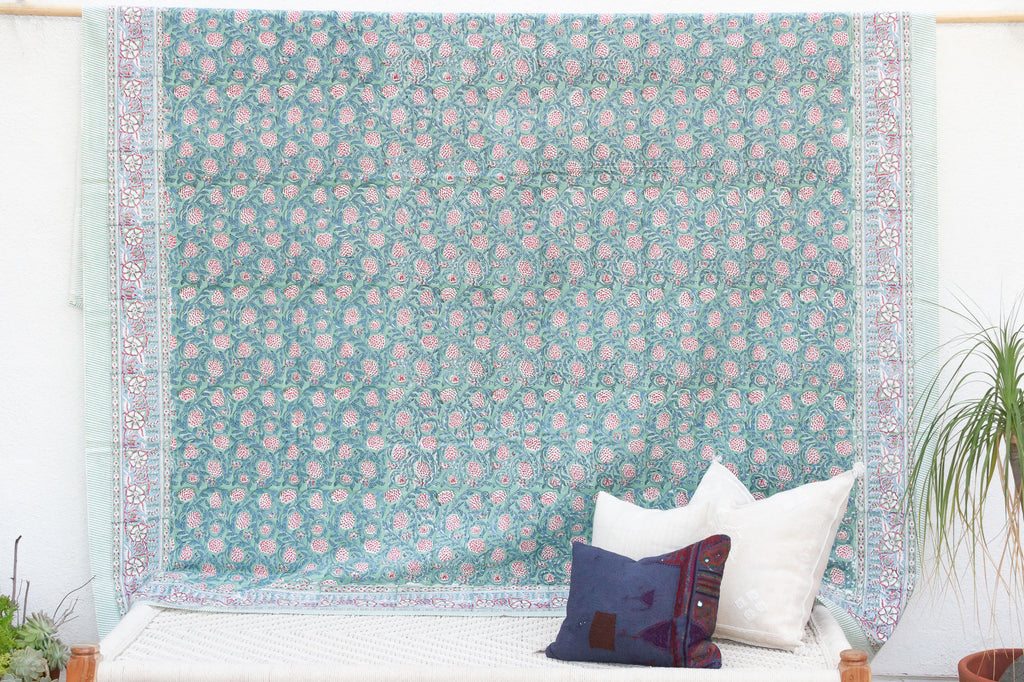Verdant Oasis, Hand Blockprint Cotton Coverlet