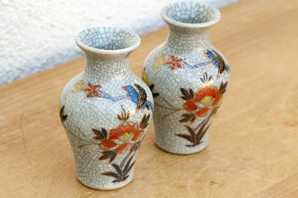 Pair of Miniature Floral Avian Crackle Glaze Jars