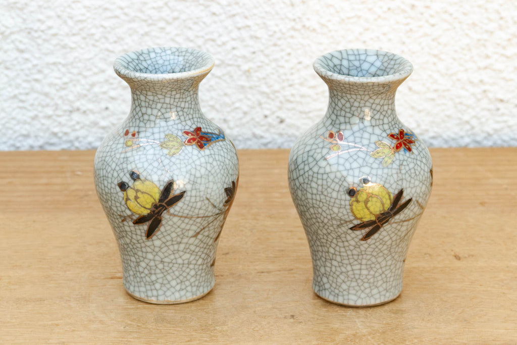 Pair of Miniature Floral Avian Crackle Glaze Jars