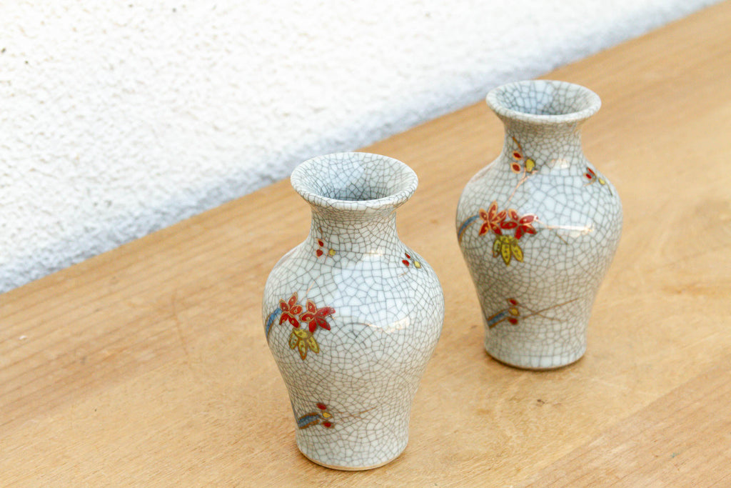 Pair of Miniature Floral Avian Crackle Glaze Jars