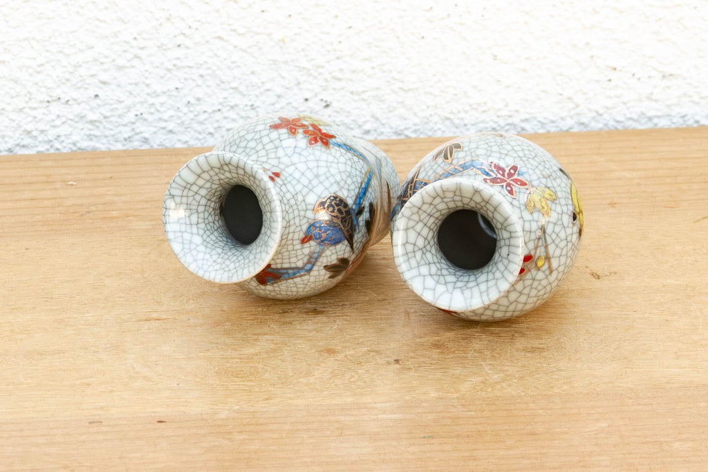 Pair of Miniature Floral Avian Crackle Glaze Jars