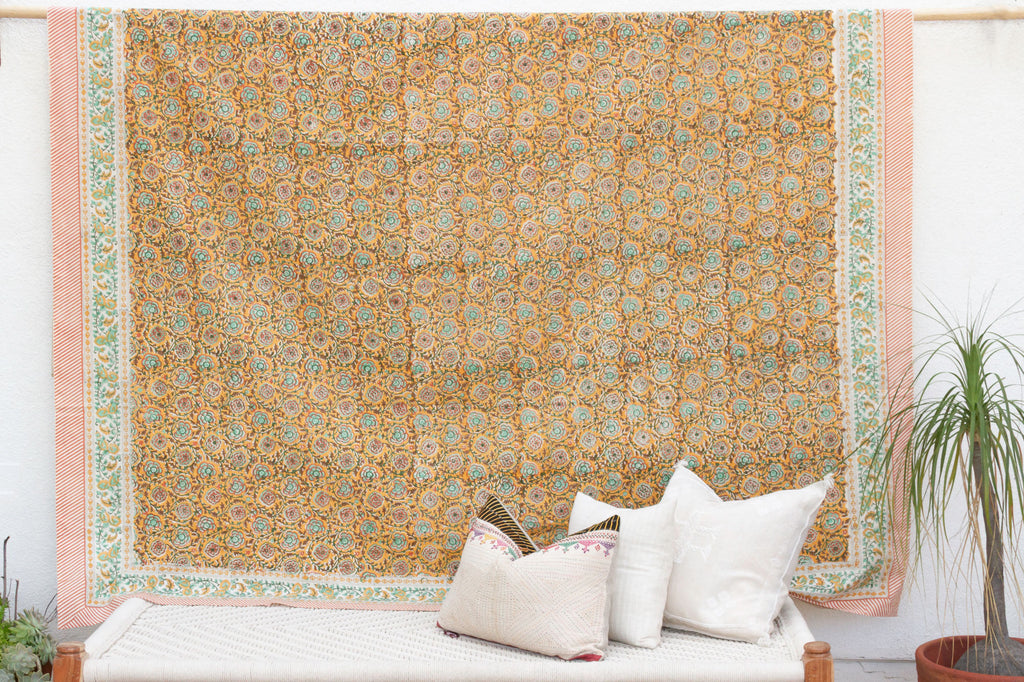 Turmeric Sunset, Hand Blockprint Cotton Coverlet
