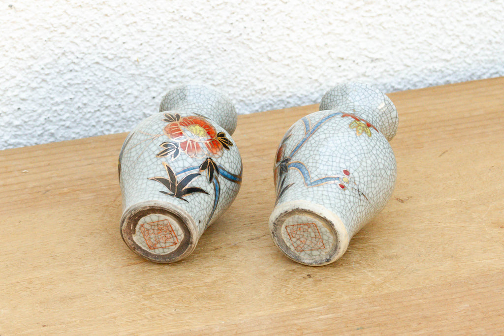 Pair of Miniature Floral Avian Crackle Glaze Jars