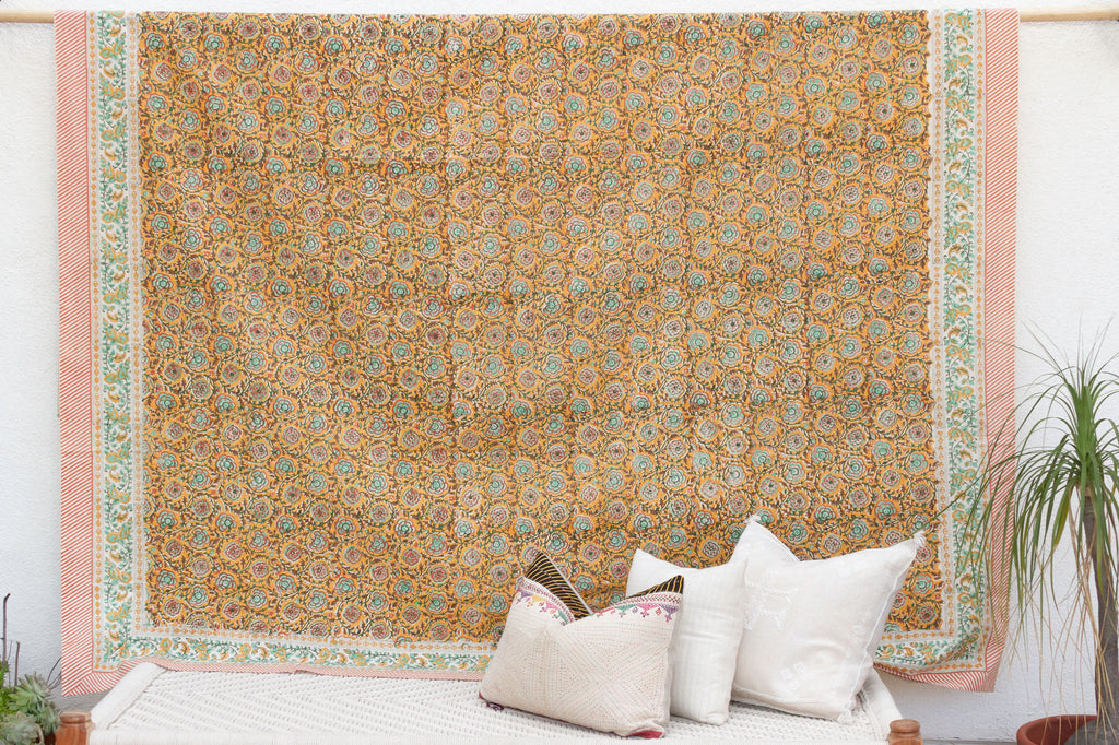 Turmeric Sunset, Hand Blockprint Cotton Coverlet